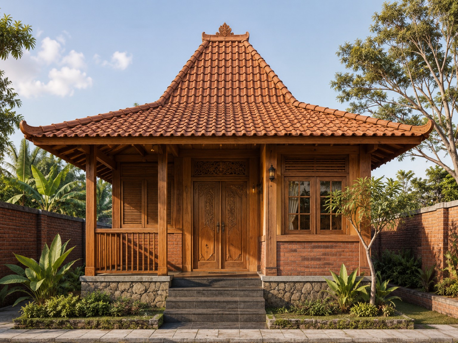 Tampak depan rumah Type 21 gaya tradisional Sunda dengan atap genteng, ukiran kayu, bata merah, batu alam, dan taman tropis