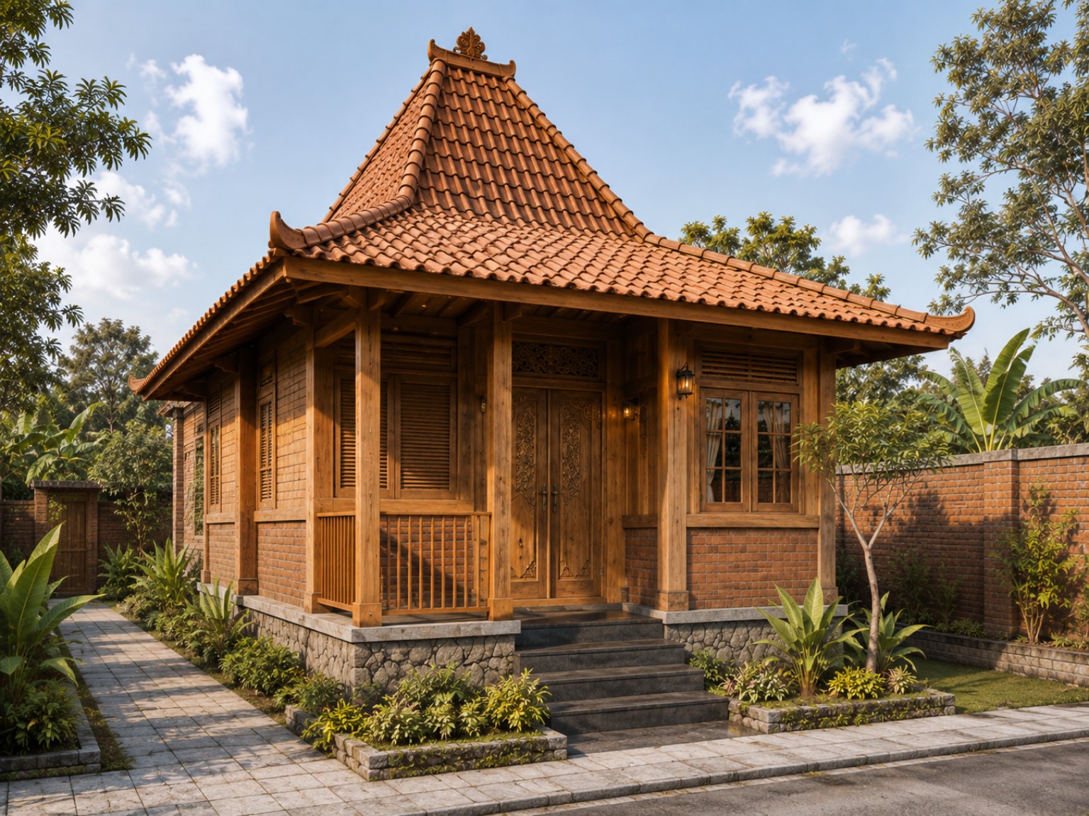 Perspektif depan dan samping rumah Type 21 gaya tradisional Sunda dengan konstruksi kayu, bata merah, atap genteng, dan taman tropis