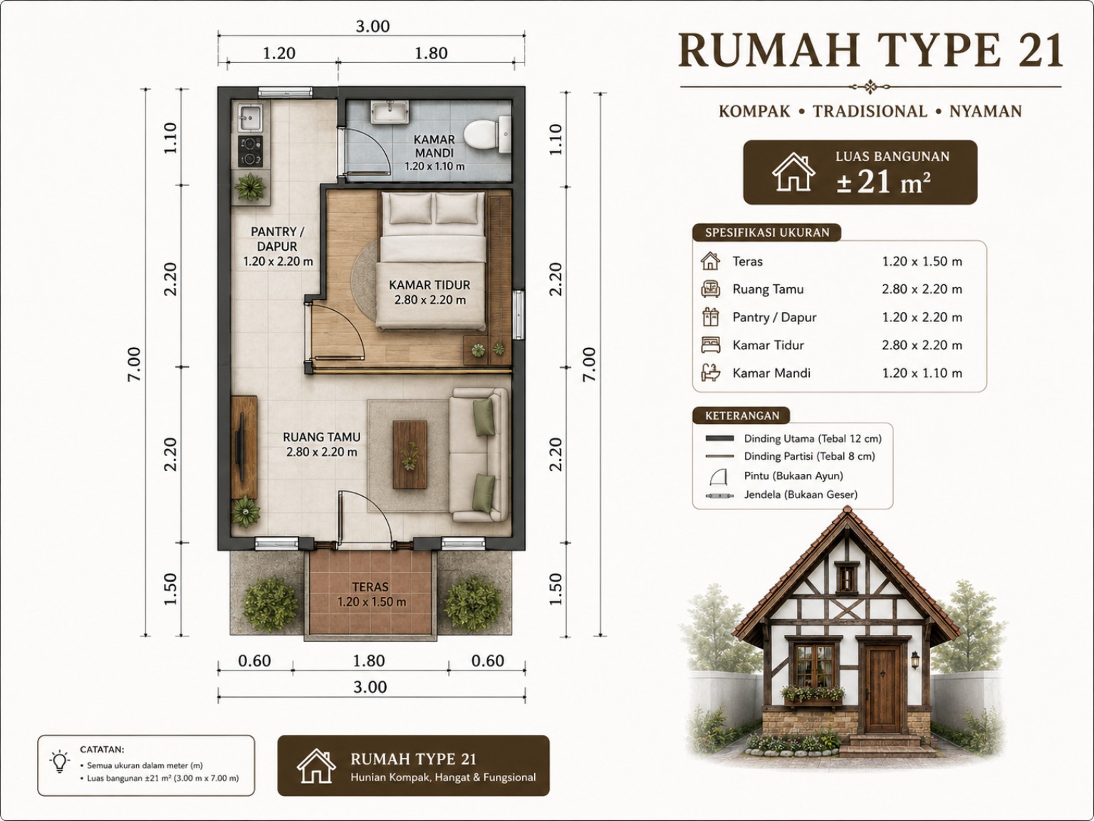 Denah rumah Type 21 gaya Traditional German berukuran 3 kali 7 meter dengan satu kamar tidur, kamar mandi, pantry, ruang tamu, dan teras