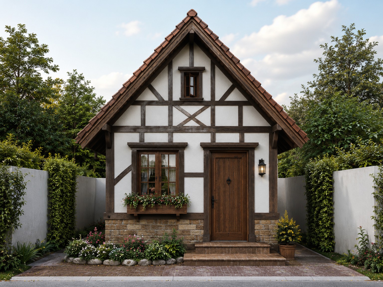 Tampak depan rumah Type 21 gaya Traditional German dengan atap pelana curam, rangka kayu dekoratif, pintu kayu, dan taman kecil