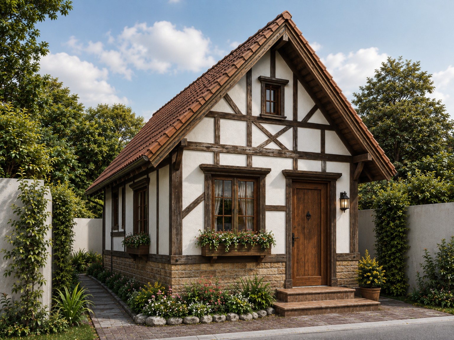 Perspektif depan dan samping rumah Type 21 gaya Traditional German dengan fasad half-timbered dan taman kecil